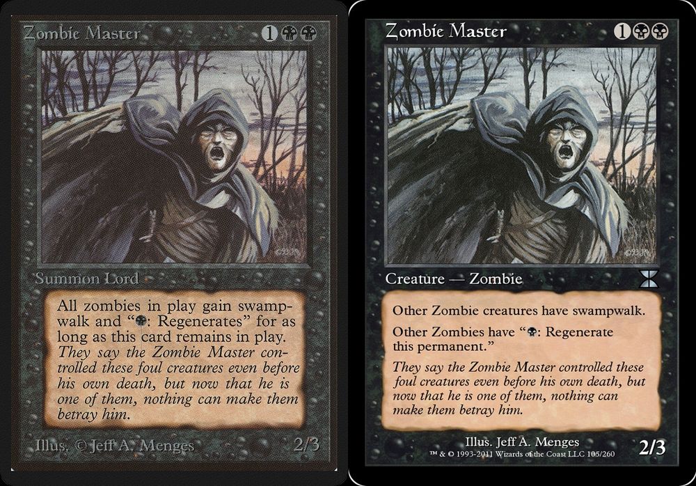 Magic: the Gathering — Zombie Master from Limited Edition Beta (1993) Rare rarity downshifted to Online Masters Edition IV (2011) Uncommon rarity
