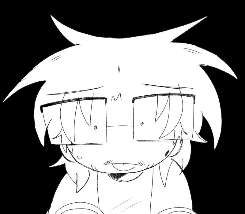 CHARACTER SPRITE - 3/4.
A monochromatic sketch of a masculine-presenting character on a black background. He has shoulder-length hair (the haircut is similar to a mullet) and is wearing glasses. He has a birthmark on his right cheek and facial hair on his jawline and upper lip. His eyes are shot open and he is poking his tongue out. His expression can be read as dumbfounded, confused or disgusted.