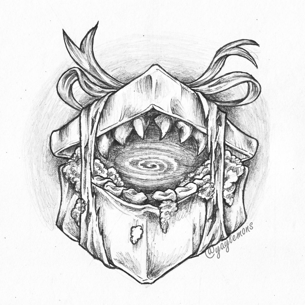 Pencil sketch of chompy toothy gift box.