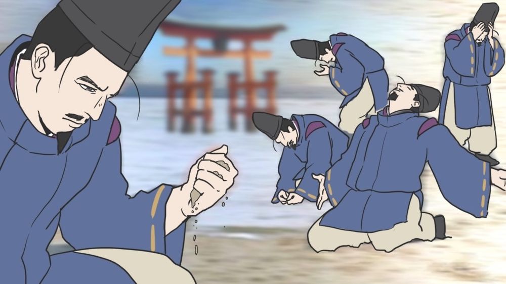 Taira no Shigemori from Heike Monogatari anime, drawn to the parody of the sand meme ft. Itsukushima shrine in the background. Shigemori is agonizing whether to threaten his dad with arrest in favor of defending the mean emperor