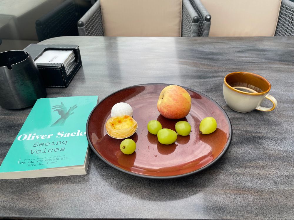 A copy of Seeing Voices by Oliver Sacks on a table next to a plate of fruit with a pastel de nata and some other thing that could be a mochi, I’m not sure yet, with a small cup of coffee next to that.