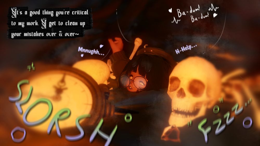 Amidst an intestinal orchestra of gastric noises, Memento struggles to keep afloat in the sludge of meat & bones of her variants as her eyes roll, 'Mnnughh... H-Help...' Near her are various skulls & ribs along with her sinking clock staff... 'Ba-dum! Ba-dum!' Laws heartbeat can be heard drumming amidst all the blubbling. Law can be heard outside, chuckling, 'It's a good thing you're critical to my work. I get to clean up your mistakes over & over~'