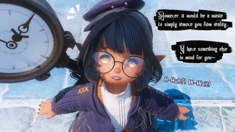 A shocked Memento looks up at Law as it continues, 'However, it would be a waste to simply remove you from reality... I have something else in mind for you~' Memento stammers in fear, 'H-Huh?! W-Wait!'