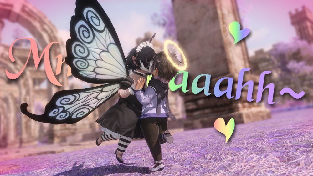 Persona and Rhel kiss & hold hands with a large, 'Muuuaaaahh~' & colorful hearts.