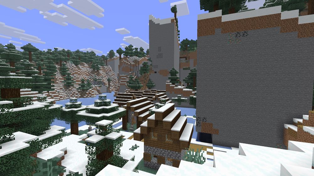 A snowy taiga area with two chunk errors visible. A village can be seen to the bottom.