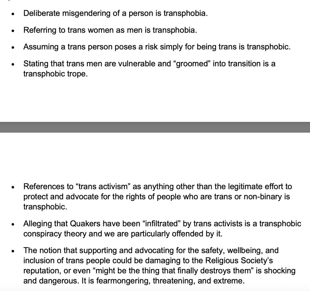 a screen shot of text from a letter from Quakers in Britain listing examples of transphobia (apologies for the small font). https://www.quaker.org.uk/documents/re-statement-of-policy-on-provision-of-trans-inclusive-facilities