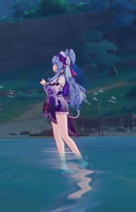 A screenshot of Mizuki in Genshin Impact wearing socks and sandals with her feet in the water.