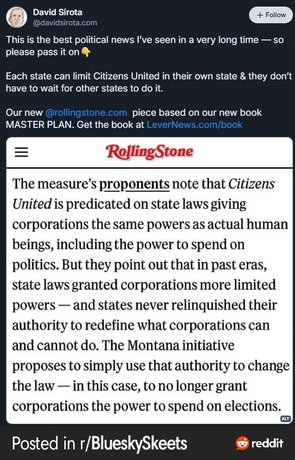 Rolling Stone Magazine article about limiting the amount corporations can spend in elections because they never relinquished their authority to redefine what corporations can and cannot do. BOOM!!!!