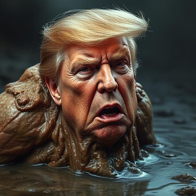 A gelatinous sewage monster with brown goo dripping into a puddle of raw sewage with the face of Donald Trump 