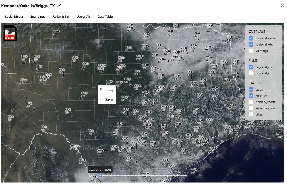 Radar and satellite map for a case on Chase Archive showing right-click menu with options to copy and save