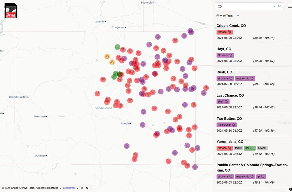 Map showing storm chases in the plains of Colorado but none in the western half of the state