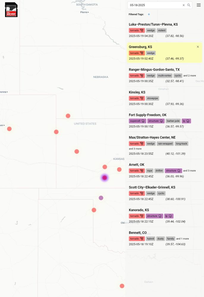 Chase Archive map showing Great Plains outbreak of May 18, 2025