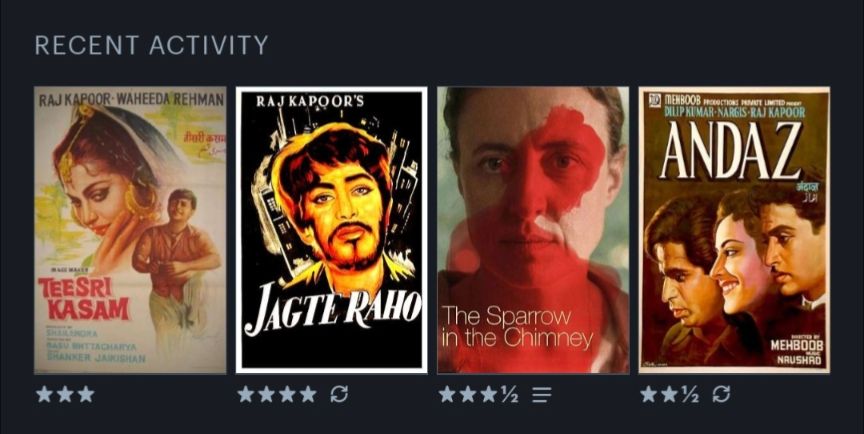 Letterboxd last four watched: Teesri Kasam, Jagte Raho, The Sparrow in the Chimney, and Andaz