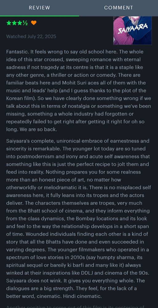 Letterboxd review of Hindi film Saiyaara 
