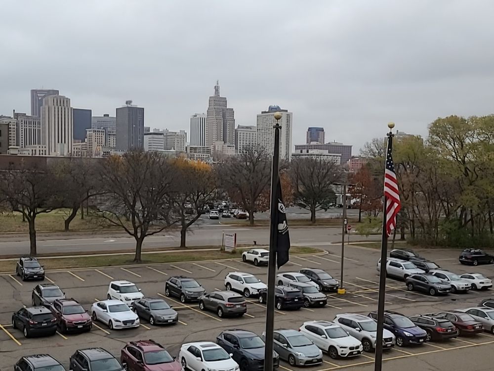 The downtown Saint Paul skyline, from the southern side (you know, the West St. Paul side) of the Mississippi River bend. The well-known (?) "1st" sign on the building in roughly the center of the frame is unfortunately not lit up on this overcast day.