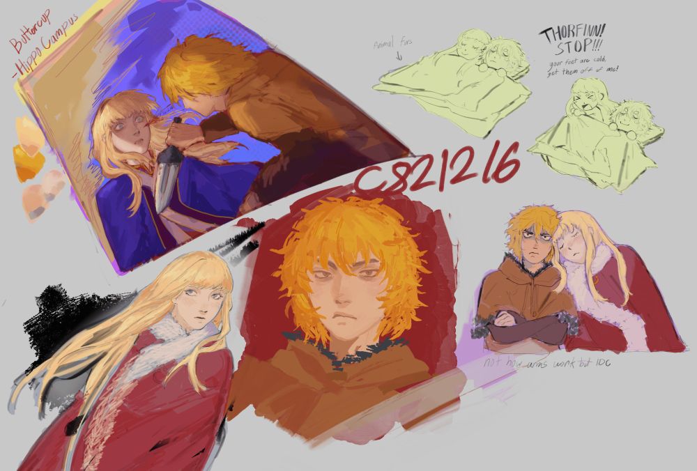 Messy doodle collection of the characters Canute and Thorfinn from Vinland Saga. Two of the six collective drawings are standalone portraits, the rest consisting of different scenarios. On the upper left is  a weakly polished, rushed depiction of the final scene in the prologue. Upper right is the two sleeping next to each other for warmth, and Canute scolding Thorfinn for resting his cold feet  against him after it startles him awake. Bottom left has the very vague implication of Canute accidentally falling asleep on Thorfinn, I did not include it but I thought the idea of Askeladd encouraging Thorfinn to be a proper headrest for Canute was a bit funny. Unfortunately i cannot (haven't tried) drawing  older men so he is not here