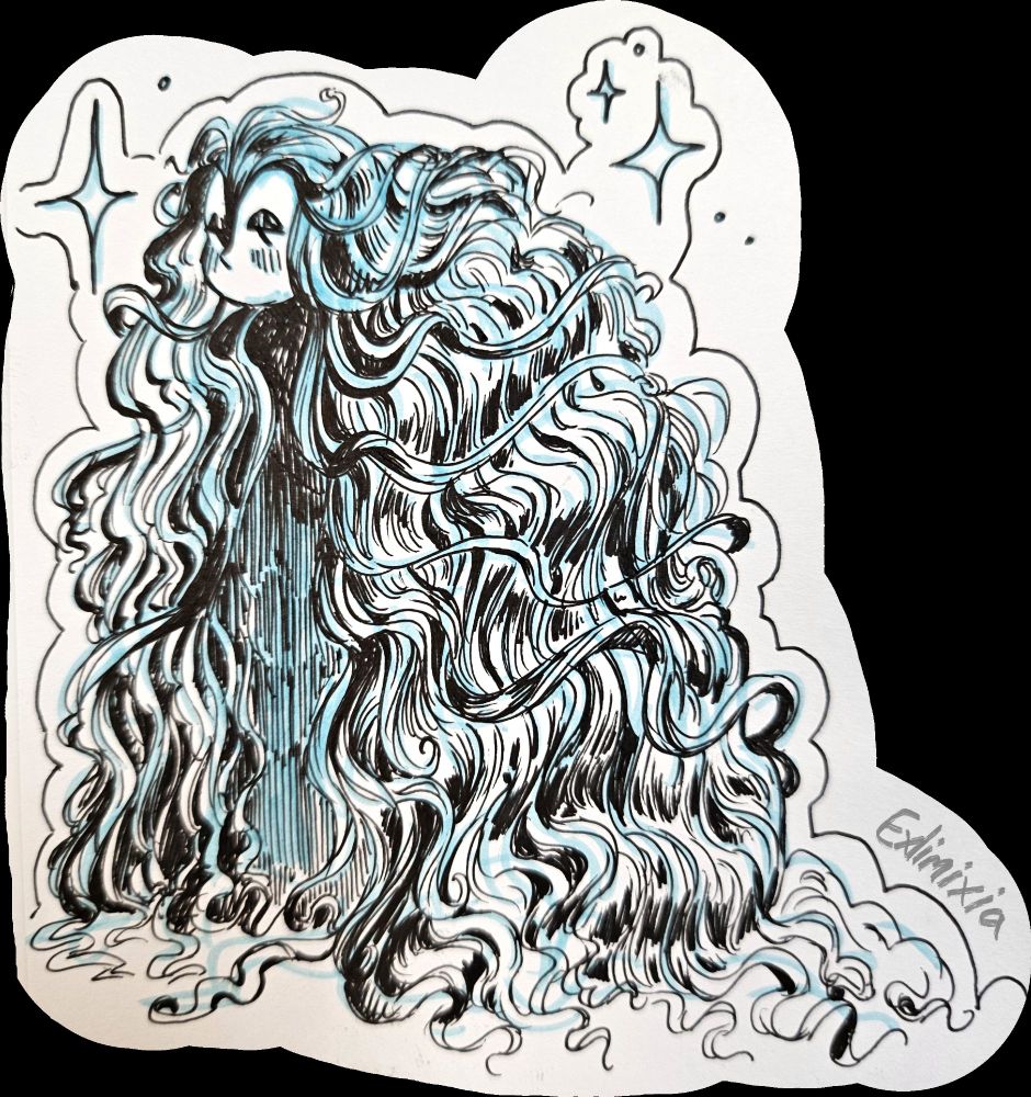 Traditional sketch done in black pen. There are blue undertones from the undersketch. The figure is completely covered in flowing wavy hair apart from the face that looks to the left in a bored, unimpressed manner. The hair covers their hunched figure like a cloak. 