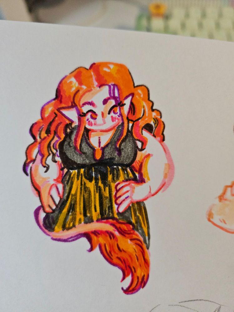 A watercolor marker sketch if Exelia, the artists sona. The colors are very vibrant. She looks down and off to the right, her hands on her hips. She wears  a gray shirt and yellow skirt, her orange-red tail curled in front of her. Her hair is a vibrant orange, her eyes red. The kineart is made of purples and reds.
