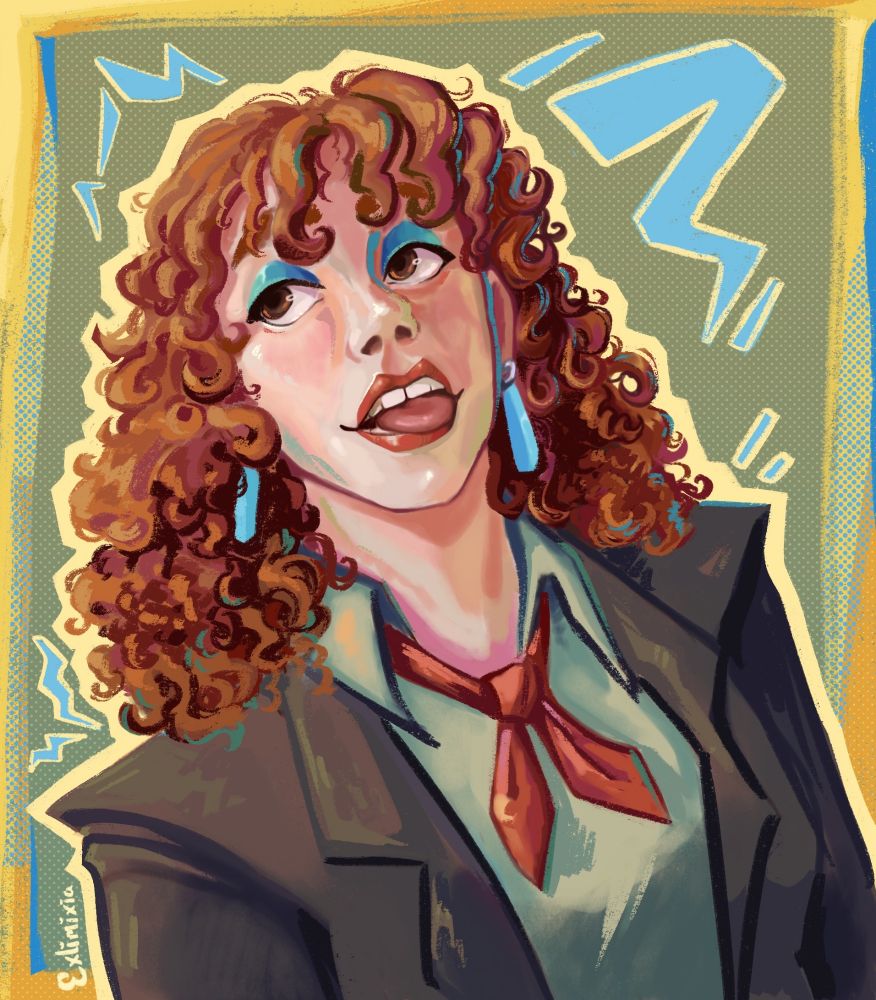 A bust digital painting of a redheaded secretary looking up to the upper left of the canvas, tongue poking cheekily out of her red-lipsticked mouth. She is pale and wears turquoise eyeshadow with earrings to match. She wears a brown jacket with padded shoulders, a light green shirt, and a loose red bow as a tie.

Character belongs to Avolan.