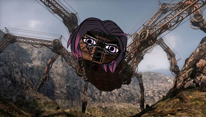 grebs face pasted on to a giant spider robot from the movie "Wild wild west"