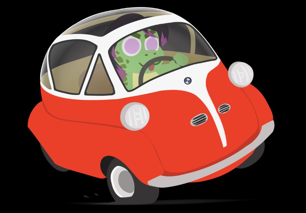 Greb driving a tiny bmw isetta 
