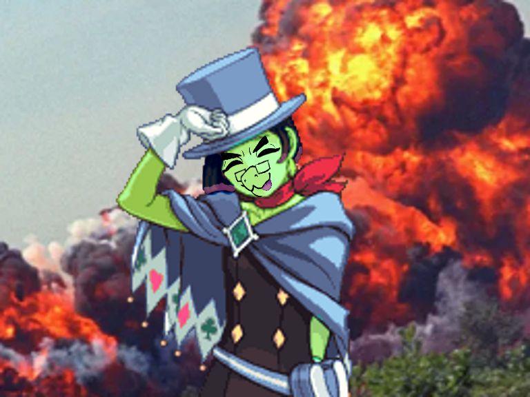 greb dressed as a magician (Trucy Wright) with flames aplenty going off behind it