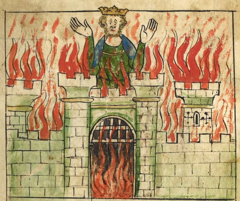 A medieval manuscript illustration from the British Library royal ms 20 a ii f3r.
Image shows a medieval king in a green gown and wearing a crown. He is stood within a burning castle with arms in the air and a look of 'oh dear' on his face