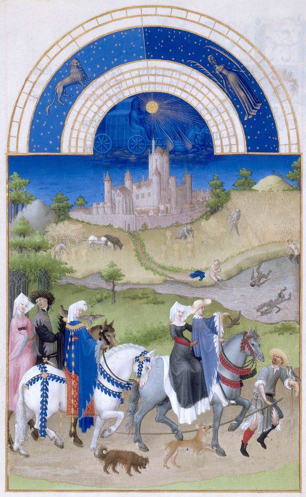 August from the Très Riches Heures du Duc de Berry
A medieval hawking scene with high status men and women on horseback, dogs and a servant carrying a hawk