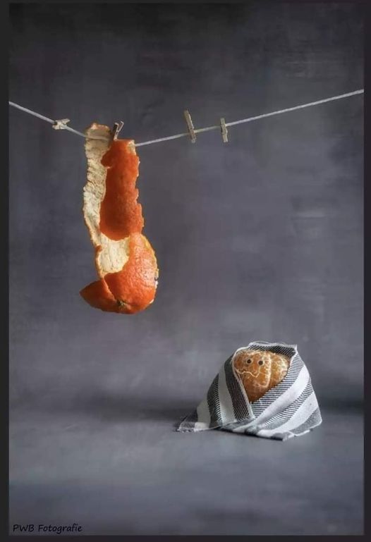 Eine geschälte Mandarine mit Augen sitzt in ein grau-weiß-gestreiftes Stück Stoff gehüllt am Boden. Darüber ist ein Faden als Wäscheleine gespannt, an der mit Wäscheklammern die Schale der Mandarine befestigt ist.