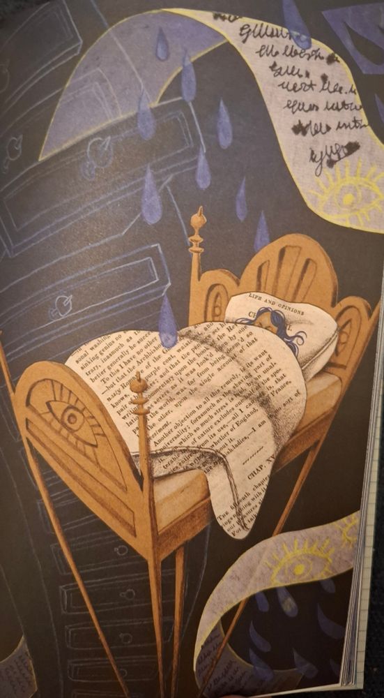 Illustration aus dem selben Buch: eine Frau schlafend in einem Bett auf stelzenartigen Beinen, die Bettdecke ist aus den Textseiten eines Buchs gestaltet.