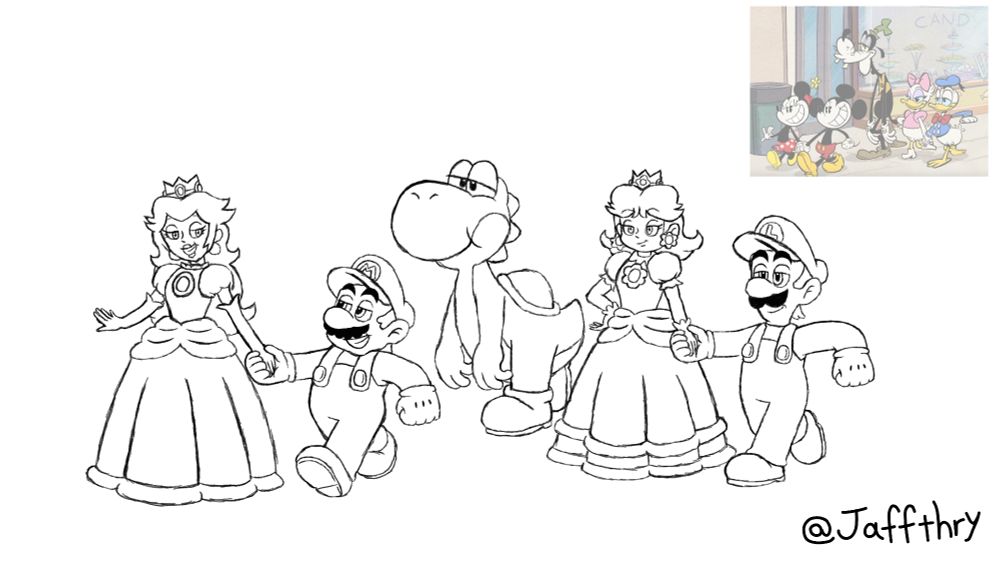 This drawing of Mario, Luigi, Peach, Daisy and Yoshi is a parody from Mickey Mouse Shorts episode called "Hats Enough".