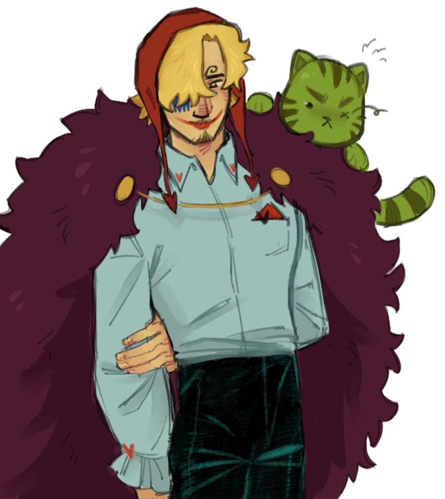 A colored drawing of Cora!Sanji and toy!Zoro. Sanji looks sad and nervous, while lil Zoro looks angry.