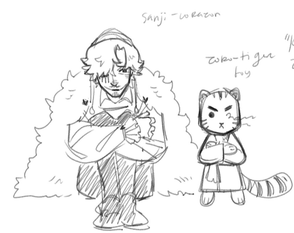A sketch of Sanji sitting down hunched in on himself, with Zoro standing guard nearby.