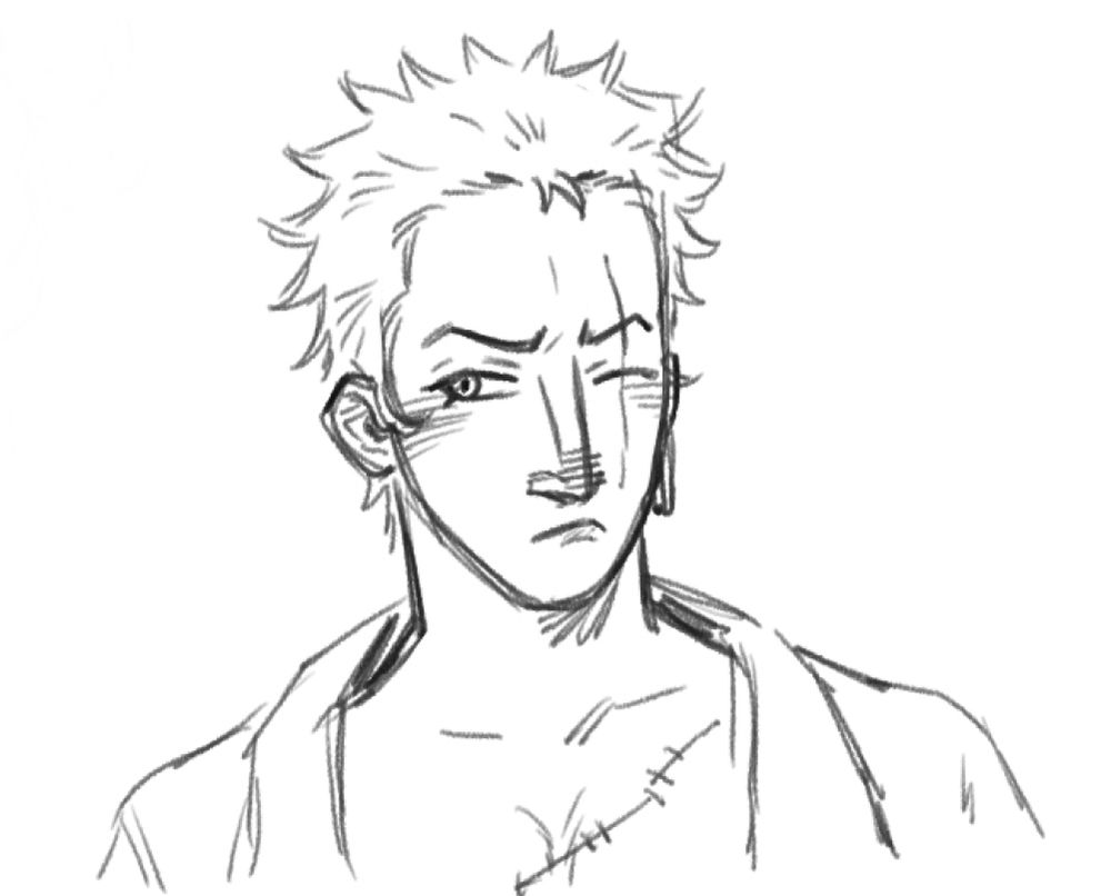 A sketch of Zoro as a woman! Not much changes here...just a bit softer of a face and slightly longer hair. She definitely has her tatas out frequently, much to Sanji's dismay.