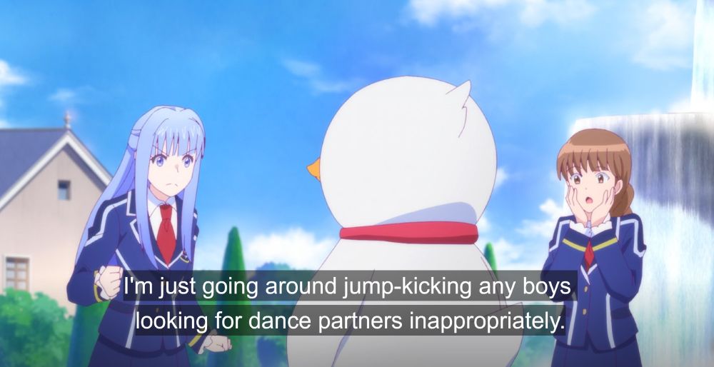 screen shot from the anime I'm the Villainess, So I'm Taming the Final Boss. the closed caption says, "I'm just going around jump-kicking any boys looking for dance partners inappropriately."