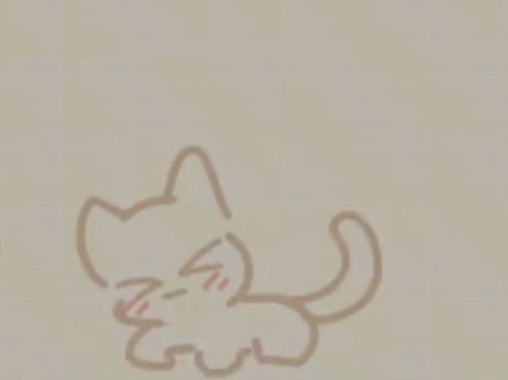 a drawing of a cat with big eyes and a long tail on a beige background .