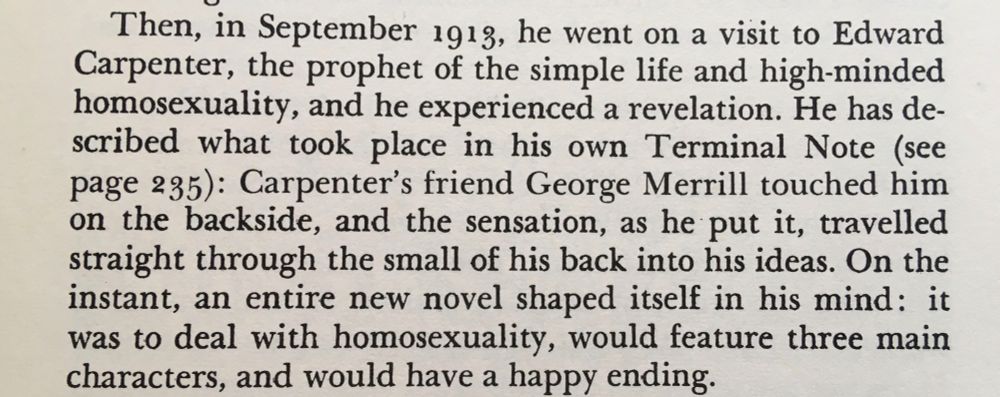 Then, in September 1913, he went on a visit to Edward Carpenter, the prophet of the simple life and high-minded homosexuality, and he experienced a revelation. He has described what took place in his own Terminal Note (see page 235): Carpenter's friend George Merrill touched him on the backside, and the sensation, as he put it, travelled
straight through the small of his back into his ideas. On the instant, an entire new novel shaped itself in his mind: it was to deal with homosexuality, would feature three main characters, and would have a happy ending.