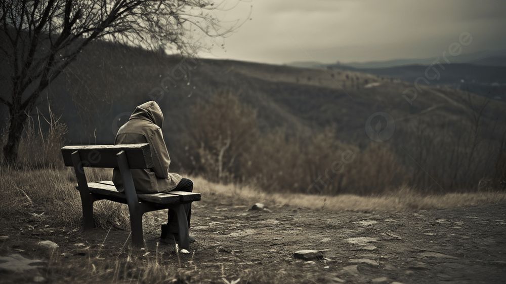 sepia-tone photo of a person sitting on a bench hunched in a coat with the hood up on a barren mountain
