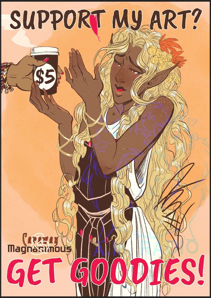 Ko-fi || OnlyFans || Patreon |🔞
https://am-radio.carrd.co/ 

$5 Subscribers get:
-4-8 comic pages per month
-Prose Previews
-First look at Comic Pages and Prose Chapters!
-Free ebooks
-Process wips
-Adult Art & Comics
-Shop talk
-Tea talk
-Your handle in the credits
-Your oc in crowd scenes
-Your say in polls
-The warm and fuzzies!
-First say and dibs on Merch!

Ultimate goal is 340 $5 subscribers so i can go live in a better country.

“Image depicts Caraway (they/them), a Sylvan Elf in autumnal form and wearing a leather apron with tools, from AMRadio’s Light Novel ‘Caraway & Magnanimous. They are delighted to receive a $5 cup of coffee from a hand off screen with amazing painted nails.

‘Caraway & Magnanimous is a TTRPG inspired story of two souls meeting in the Slyvan realm. One inclined to his fate, and another trapped by it.’”
