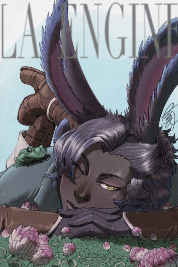Erenville, a viera male npc from FFXIV, lying in clover as he gazes lazily at the viewer with a frog on his shoulder.