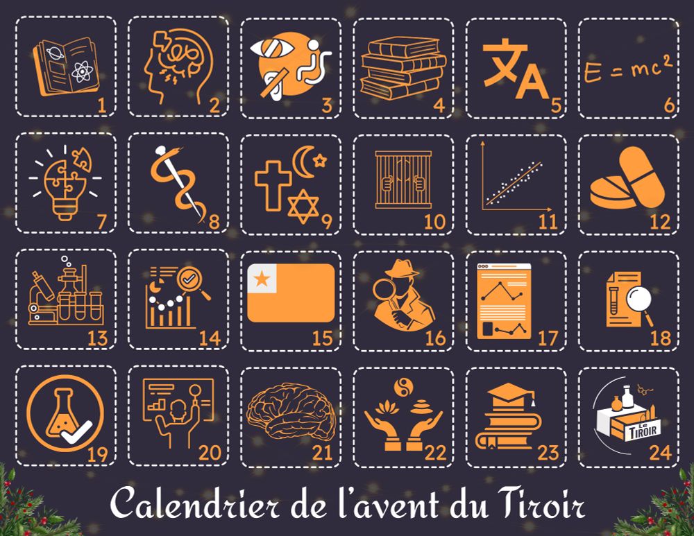 Calendrier de l'avent comprenant 24 vignettes représentant chacune une vidéo via un pictogramme jaune et blanc sur fond violet avec une mention "calendrier de l'avent du tiroir" en bas entouré de végétation de noël