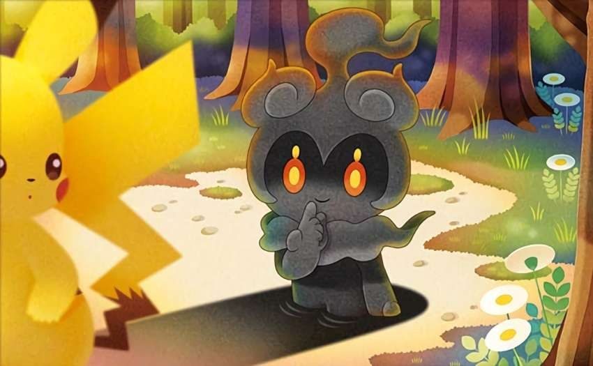 Pokémon card art of Marshadow and Pikachu