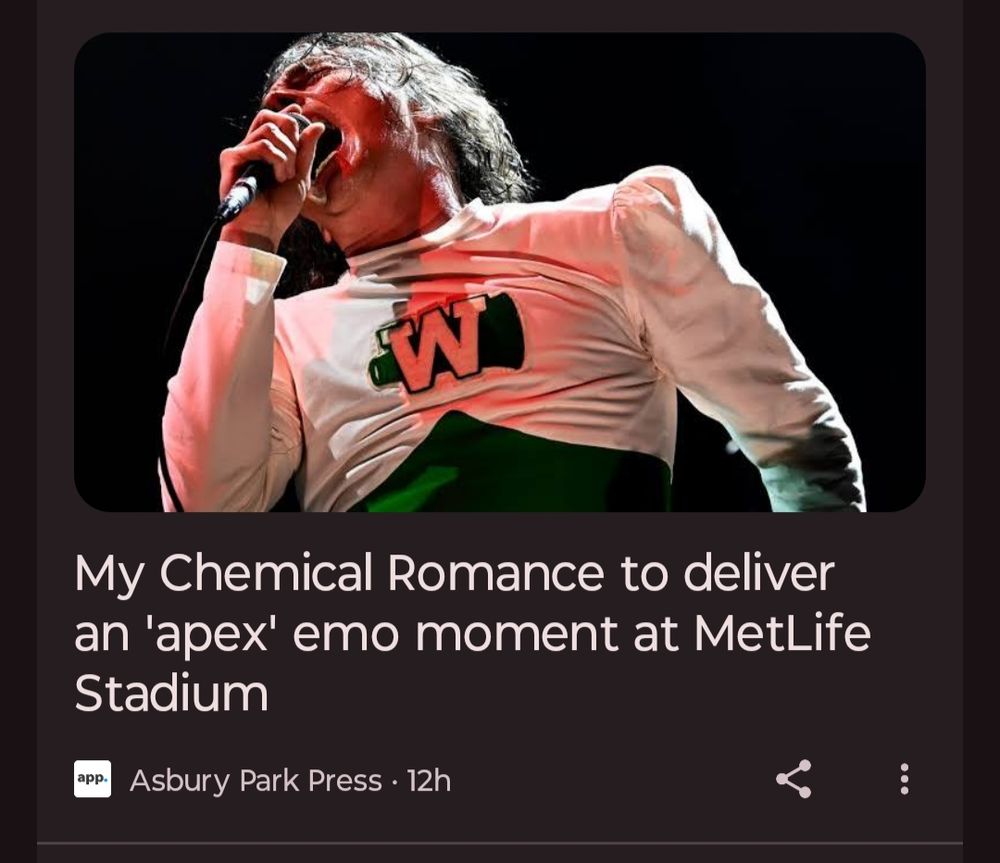 Screenshot of a headline from Asbury Park Press reading, "My Chemical Romance to deliver an 'apex' emo moment at MetLife Stadium". It's accompanied by a photo of Gerard Way singing in a cheerleader outfit.