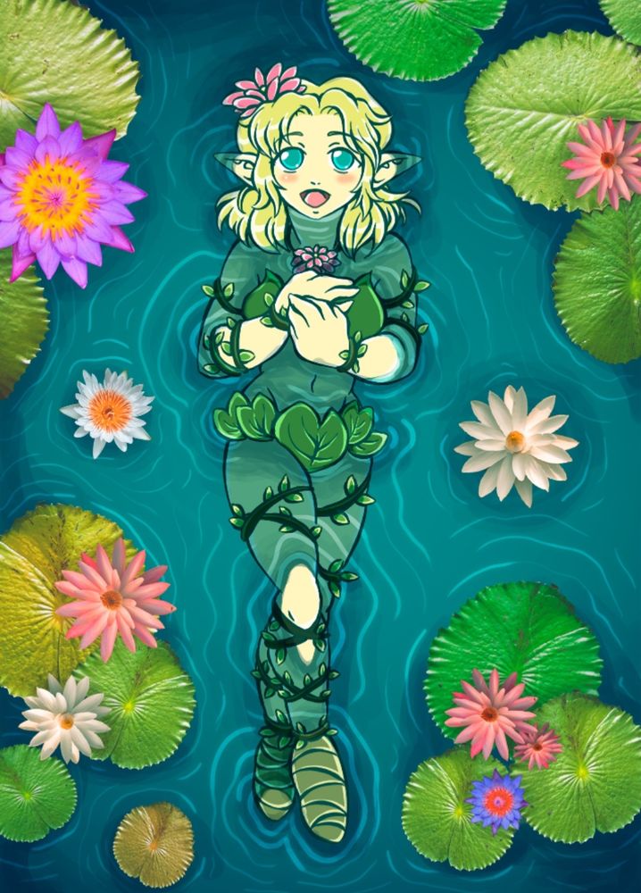 A woman with lily pads and vines around her while she's in a pond surrounded by lillypads and flowers