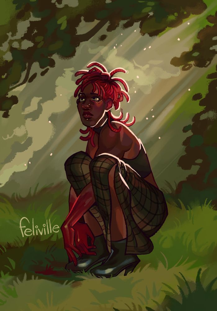 A black woman sits crouched in a clearing, staring upward. Her hands are bloody. She has orange locs, several facial piercings, and is wearing a tank top with a plaid skirt.