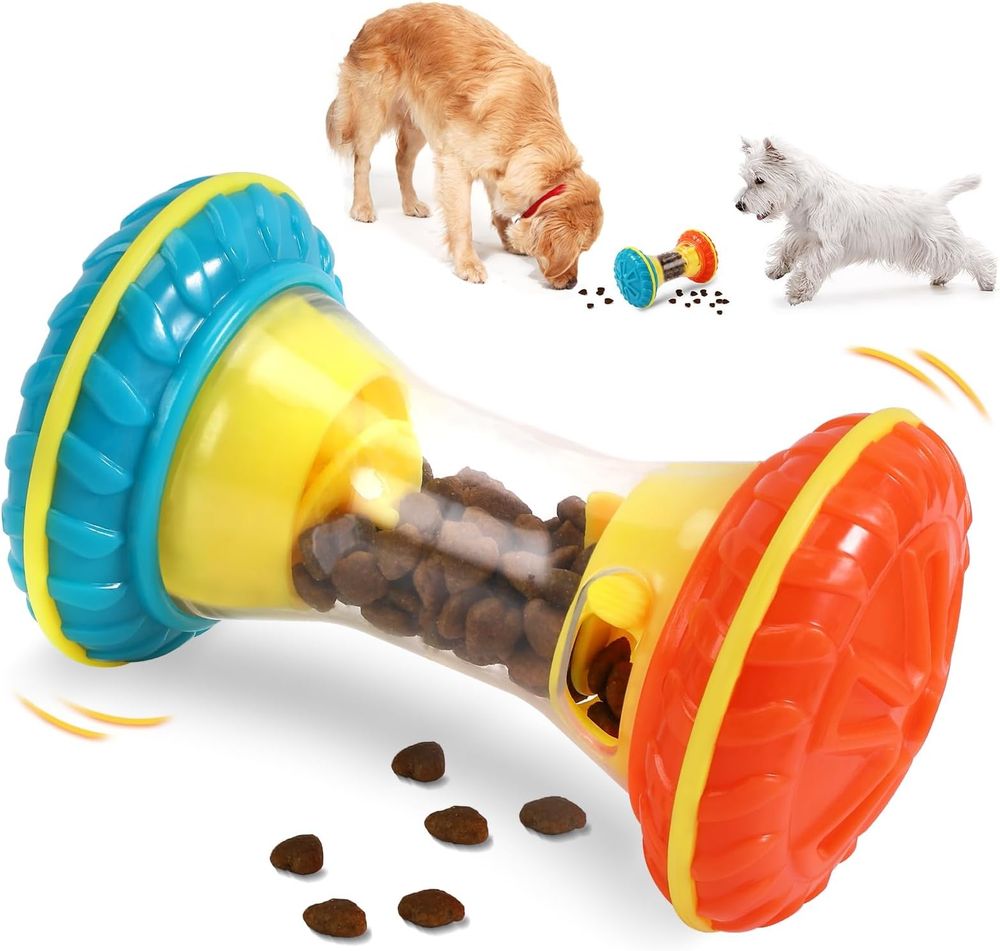 A rolling pet toy that spills food as the dog plays with it.