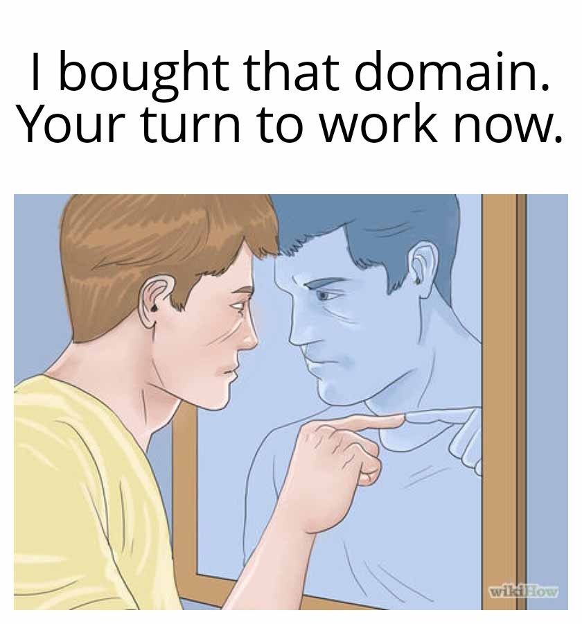 Someone looking at himself in the mirror saying: I bought that domain. Your time to work now.