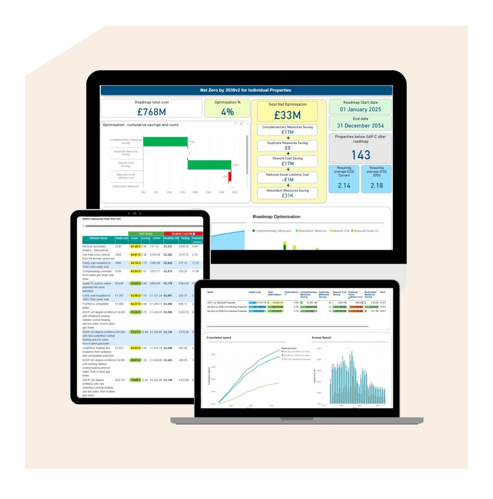 Image of 3 screens each illustrating a different function of Cotality’s Asset Manager Workspace for optimising and integrating investment plans for repairs, retrofit and maintenance.