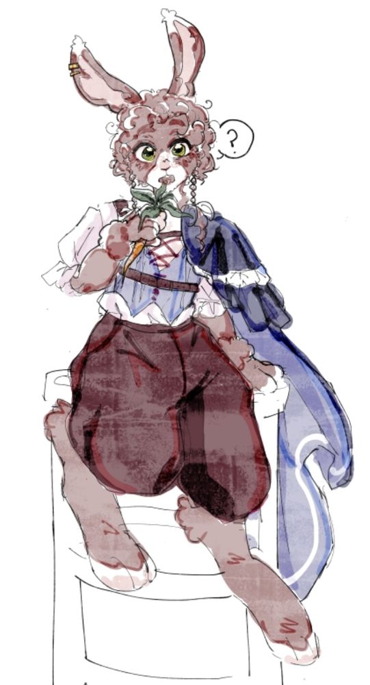 A humanoid rabbit with dark brown fur and patches of creme on the tips of their paws, years, and whole snout area. They have green eyes, and slightly curly short fur mimicking hair, two small strands have been braided at the sides of their face. 

They wear a short sleeved creme shirt with a blue vest with red ribboning, and a harness going across it attaching to a long blue ruffled cape draping off their shoulder. They wear baggy dark brown pants to top off their outfit, and have two ring earrings on one ear. 

Their name is Fenn, my d&d character! 