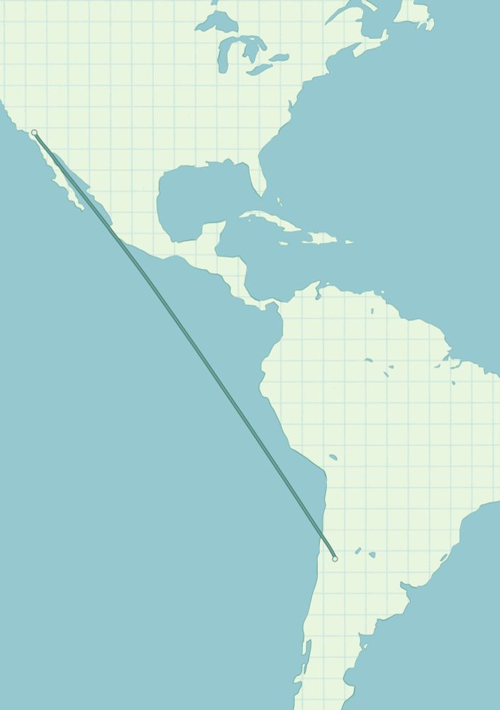 ID: A drawing of a map showing a line between Irvine, California and San Juan Argentina. End ID.
